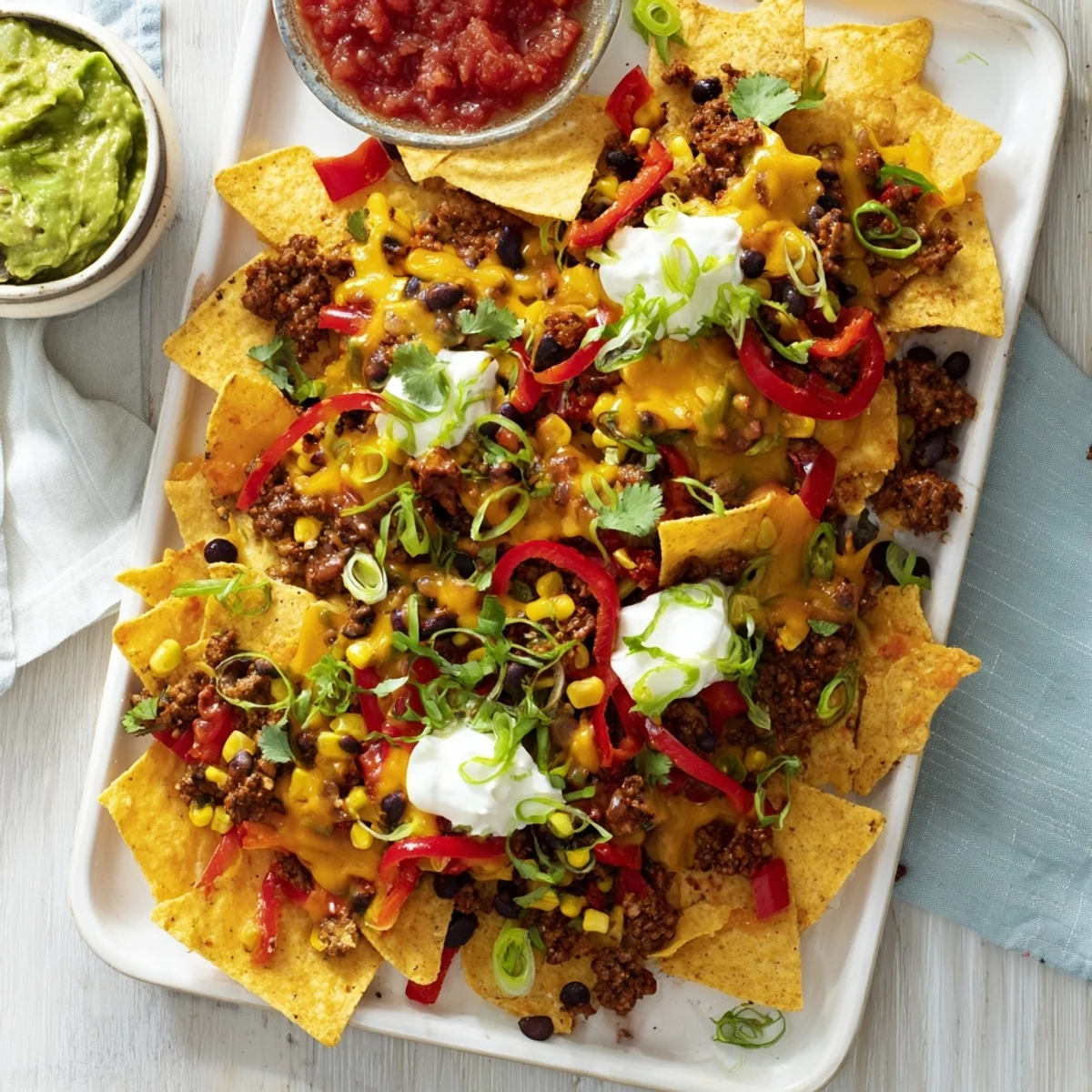 A close-up shows melted cheese stretch over the Family Nachos Tray Bake, with diced jalapeños, tomatoes, and cilantro adding bright Tex-Mex flavor to the oven baked chips.