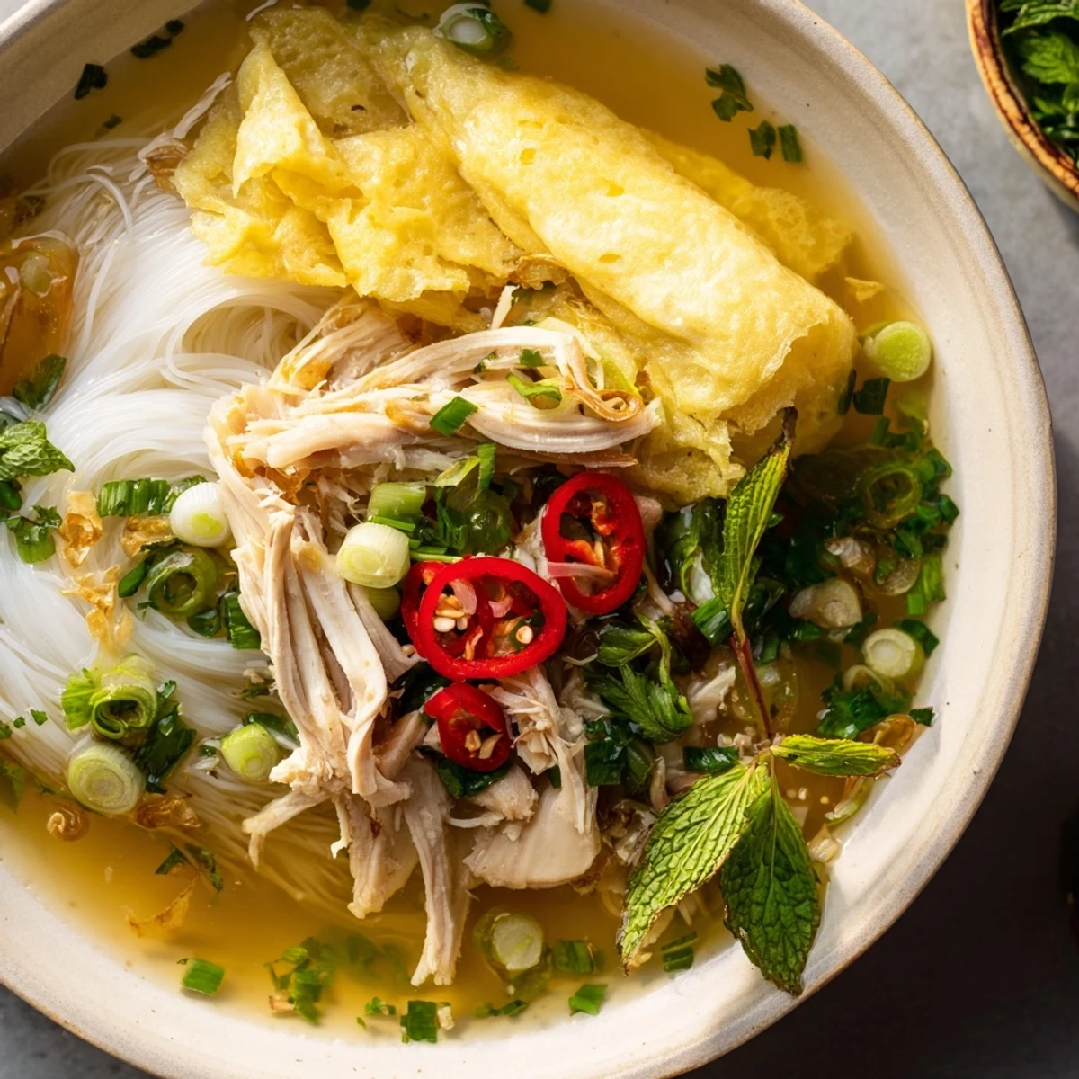 A steaming bowl of Bun Thang showcases shredded chicken, silky egg strips, and pork over rice vermicelli in clear broth.