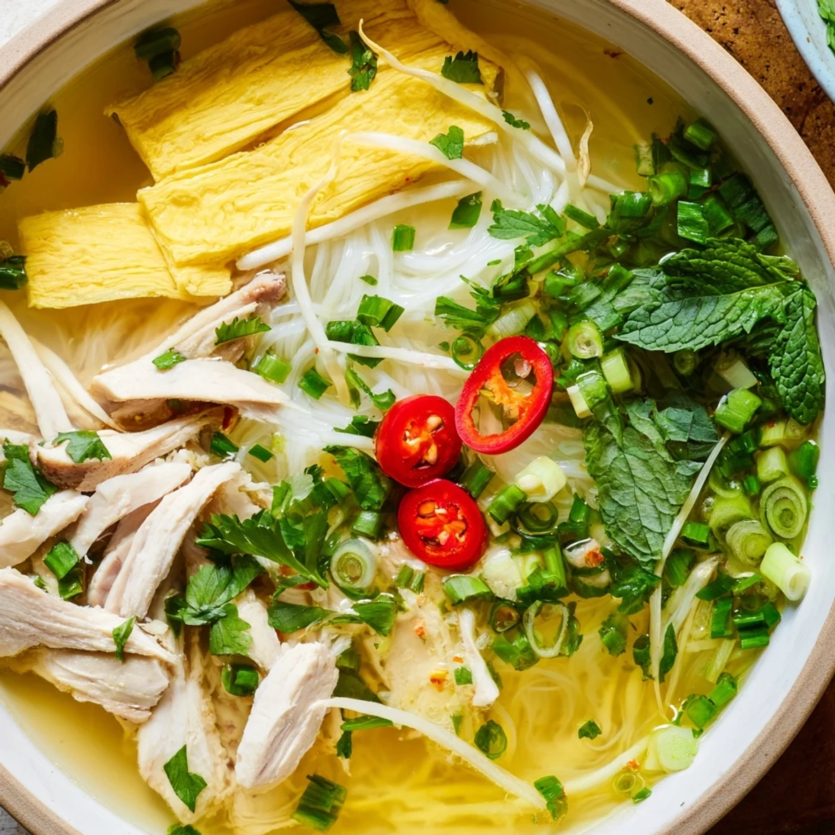 Close-up view of Bun Thang featuring thin pork sausage, egg crepe, and fresh cilantro on a bed of rice noodles.