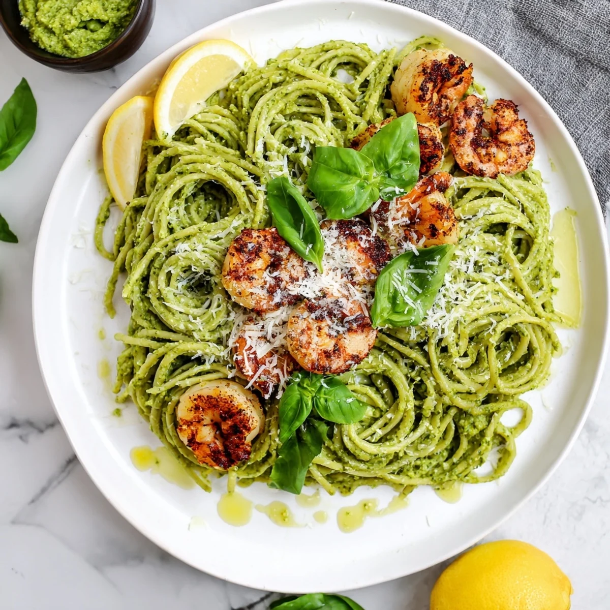 A restaurant-style Pesto Pasta and Grilled Shrimp Stack garnished with fresh basil leaves and lemon wedges, featuring a rich green pesto sauce and juicy grilled shrimp.