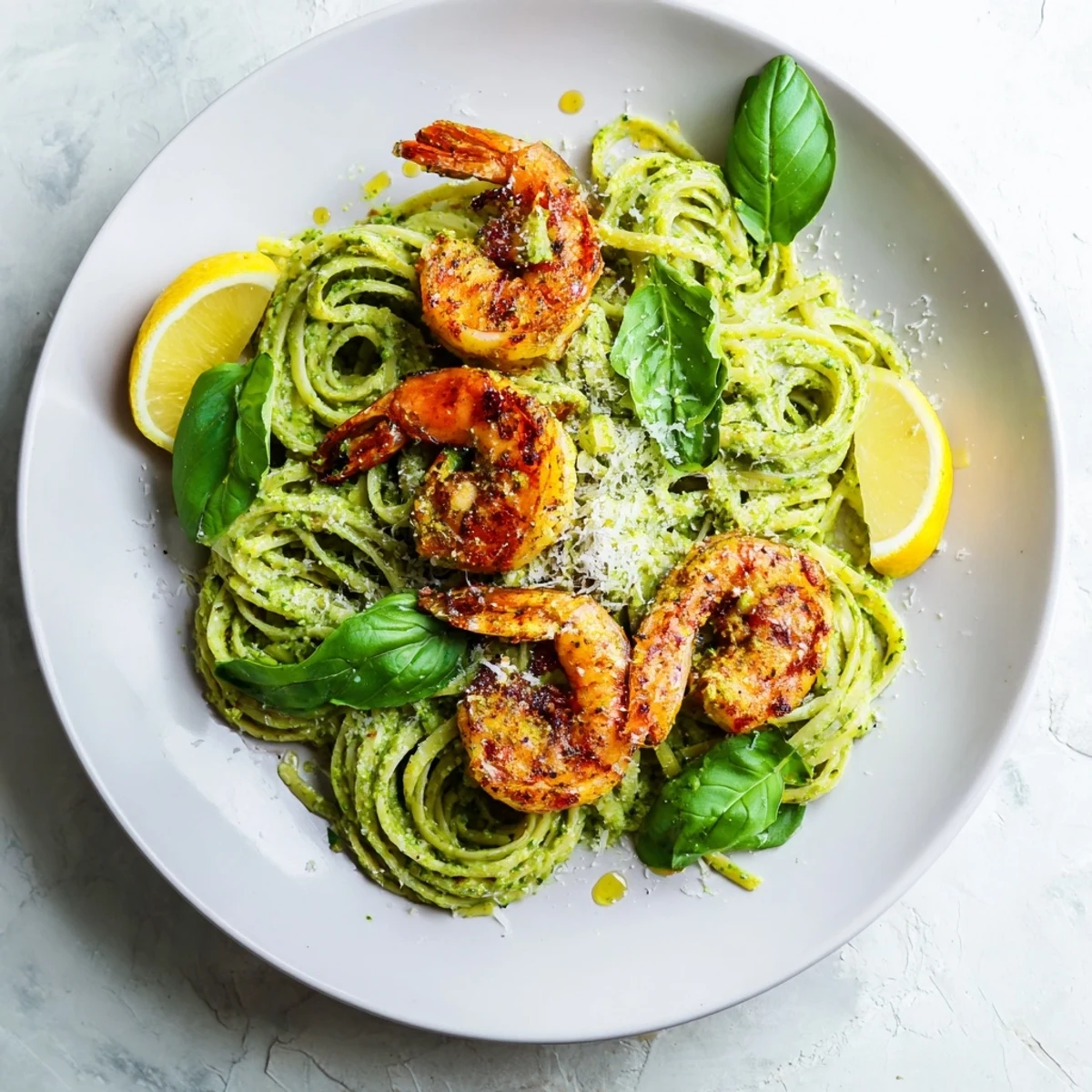A close-up of vibrant Pesto Pasta and Grilled Shrimp Stack on a white plate, with glistening basil pesto coating al dente pasta strands and charred shrimp layered on top.