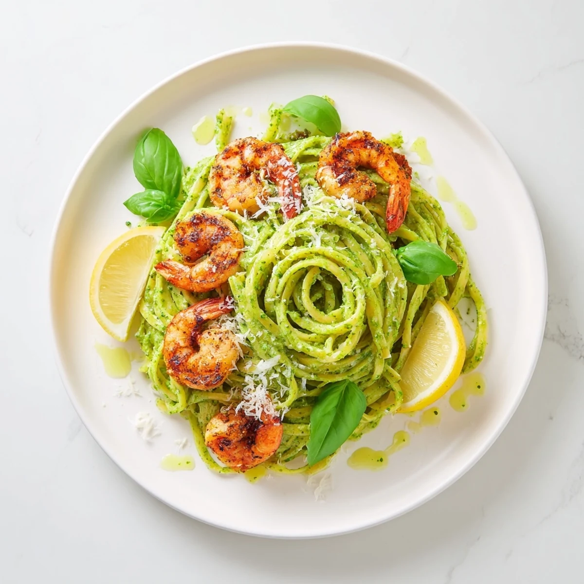 An overhead view of Pesto Pasta and Grilled Shrimp Stack for a weeknight dinner, with a drizzle of olive oil and shaved Parmesan cheese over the dish.