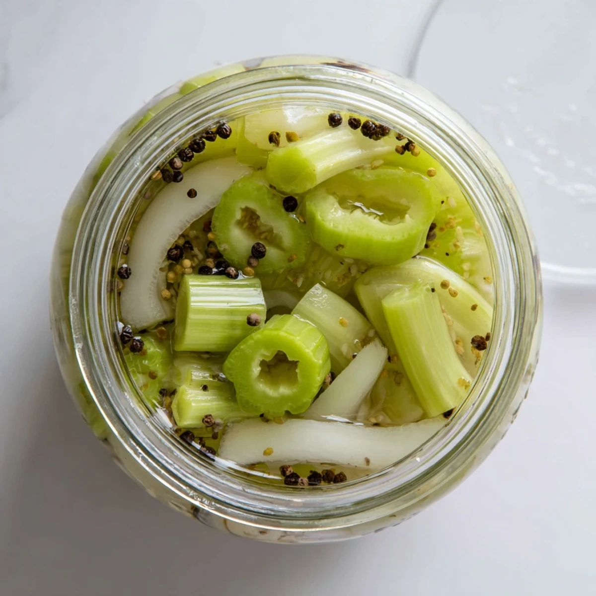 Sliced celery in Quick Pickled Celery sits in a bright vinegar brine with peppercorns, perfect for topping sandwiches.