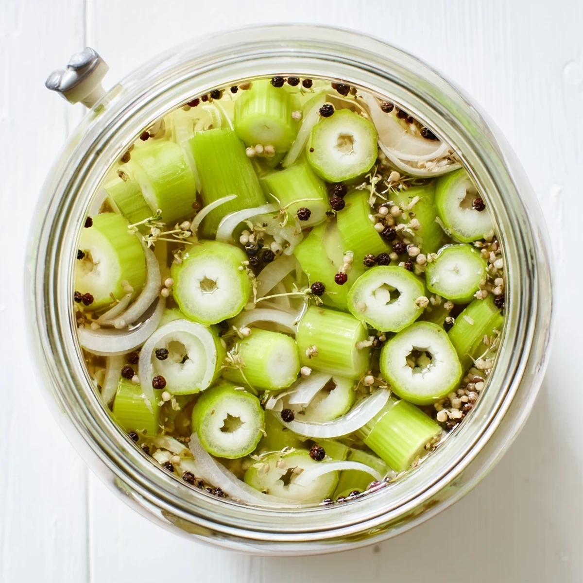 Quick Pickled Celery displays crisp vegetable ribbons in a colorful brine, ideal for snacking or adding crunch to salads.