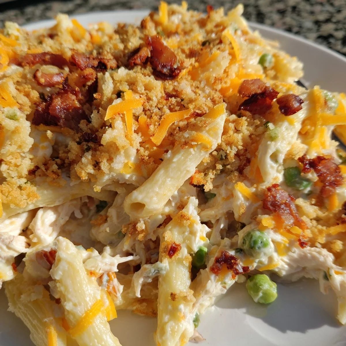 A golden bubbly Crazy Good Casserole in a white dish, with creamy pasta, shredded chicken, bacon crumbles, and melted cheddar, ready to serve.