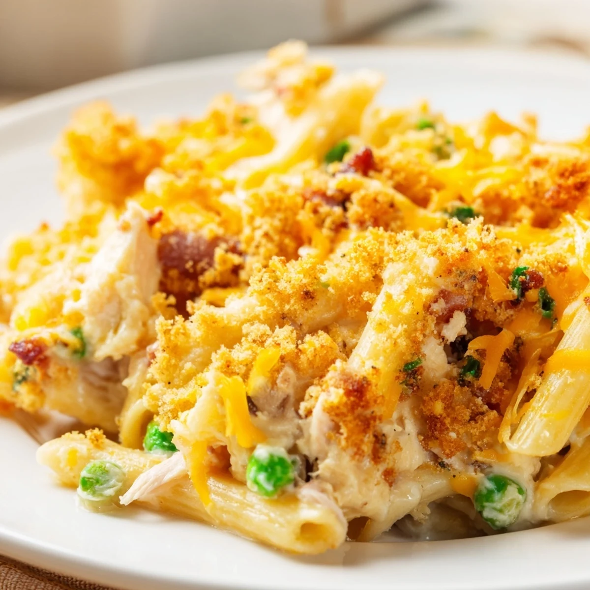 Close-up of a steaming Crazy Good Casserole, showing a crispy panko and cheese crust over creamy penne and savory chicken and bacon filling.