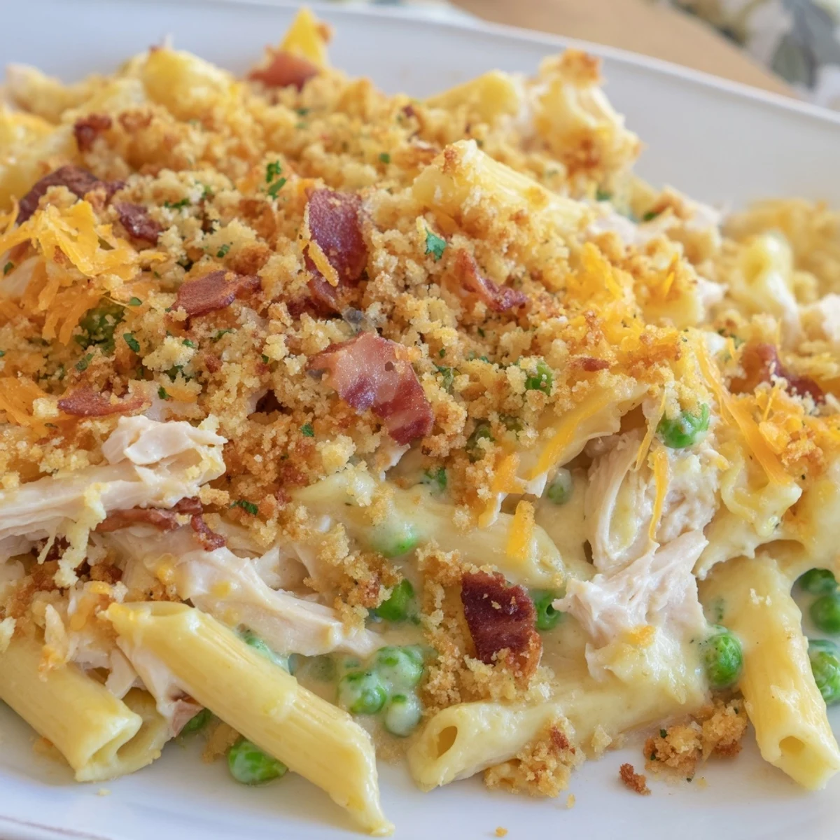 Family-style Crazy Good Casserole in a baking dish, with a golden crust, melted cheese, and peas peeking through, alongside a green salad.