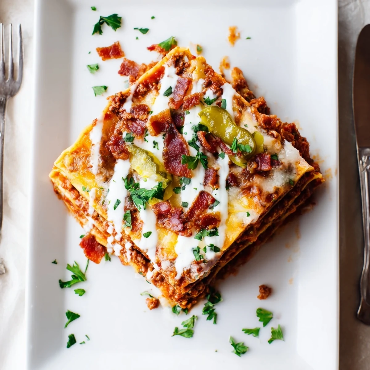 Golden bubbling layers of Lasagna Meets Cheeseburger Parmesan Garlic Bacon Style, topped with crumbled crisp bacon and melted cheeses.