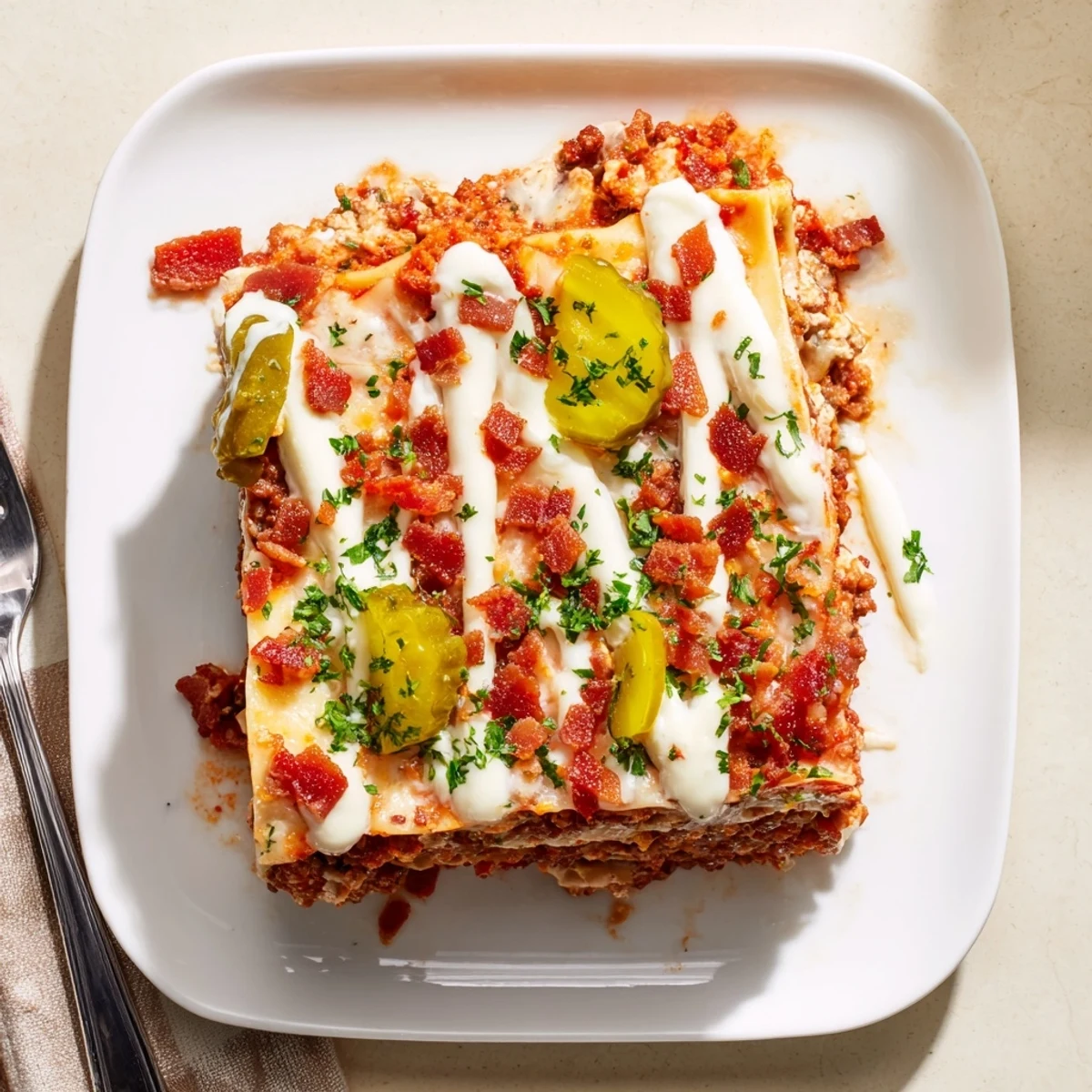 Sliced portion of Lasagna Meets Cheeseburger Parmesan Garlic Bacon Style reveals beefy tomato sauce and parmesan garlic sauce drizzle.