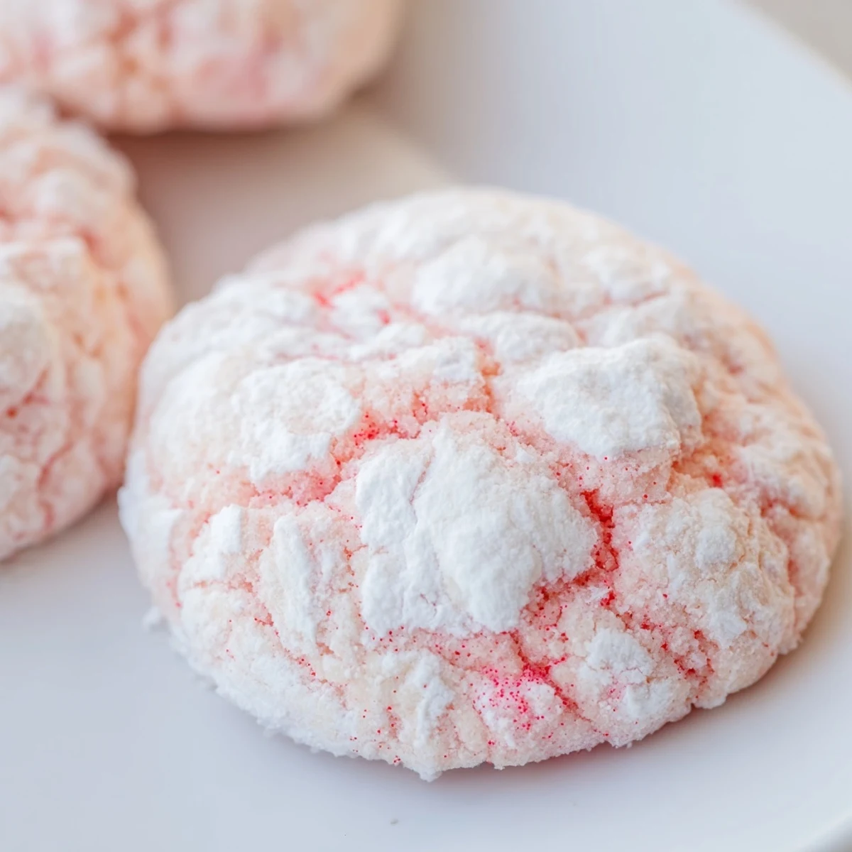 Freshly baked Easy 5 Ingredient Strawberry Crinkle Cookies coated in powdered sugar on a cooling rack.