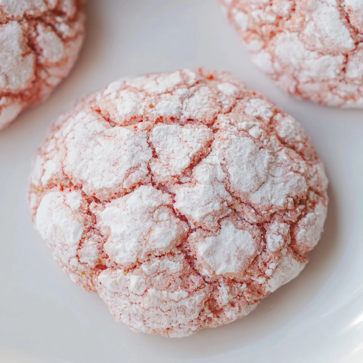 Easy 5 Ingredient Strawberry Crinkle Cookies served on a plate with a tall glass of cold milk.