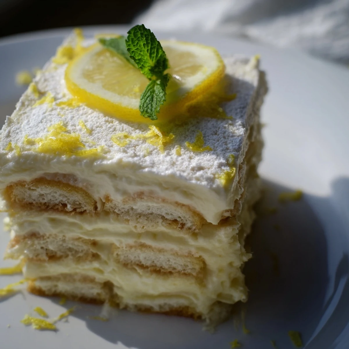 A creamy slice of Lemon Tiramisu reveals layers of zesty mascarpone and limoncello-soaked ladyfingers.