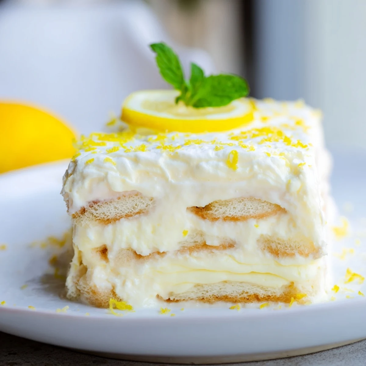 Freshly chilled Lemon Tiramisu in a glass dish topped with bright lemon slices and mint.