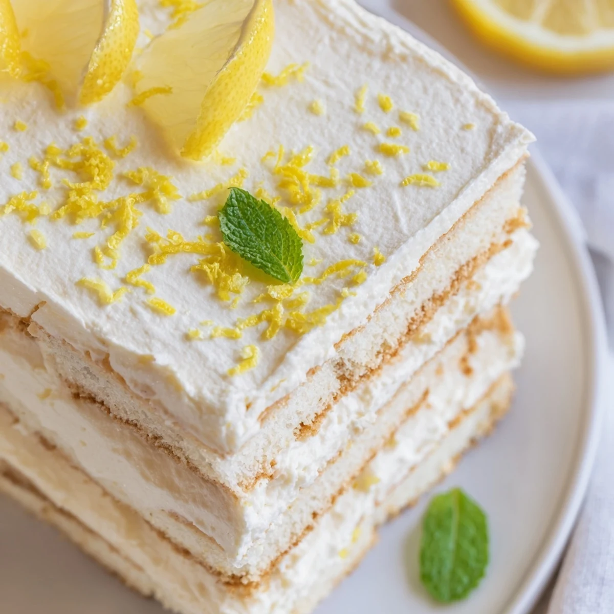 Homemade Lemon Tiramisu dessert garnished with lemon zest, ready to serve at an American gathering.