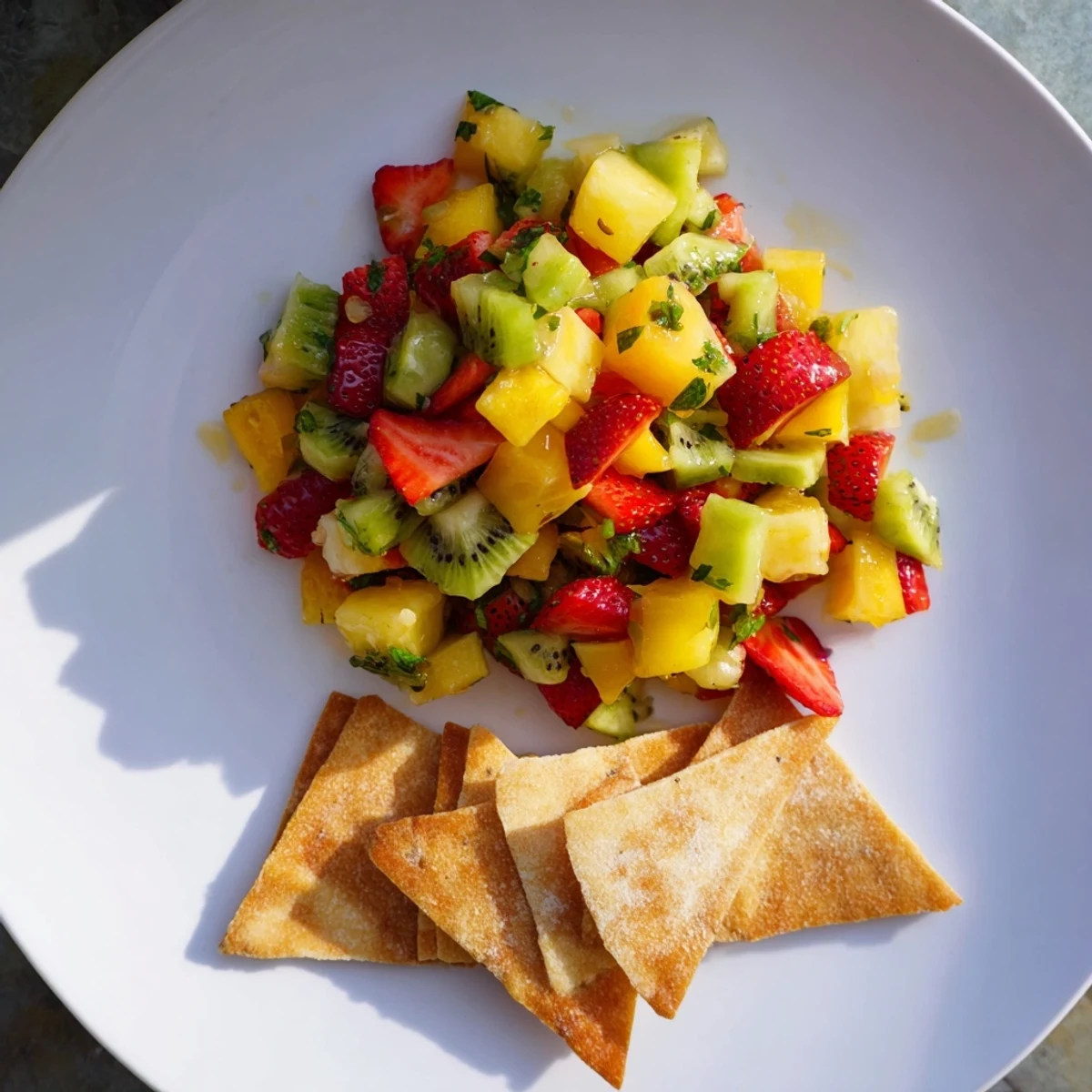 Colorful, sweet fruit salsa featuring diced strawberries, kiwi, pineapple, and mango served alongside golden baked cinnamon sugar tortilla chips.