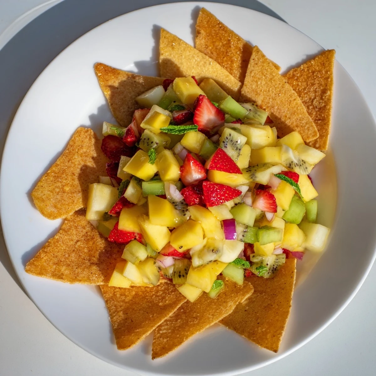 Delicious homemade Fruit Salsa With Cinnamon Sugar Tortilla Chips arranged neatly on a white ceramic plate, ready to dip.