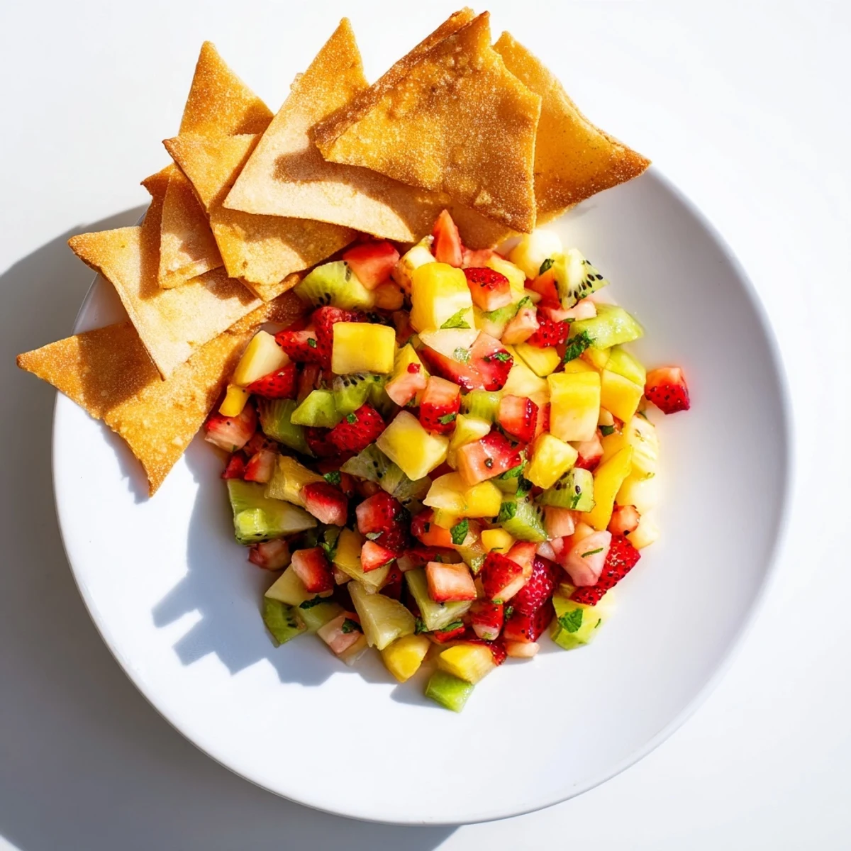 A close-up view of the vibrant Fruit Salsa With Cinnamon Sugar Tortilla Chips perfect for a party snack platter.