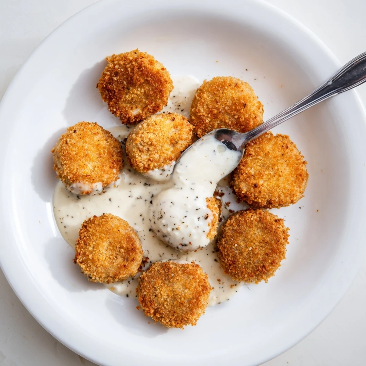Golden-brown Chicken Fried Mushrooms with Gravy stacked on a white plate, with creamy peppery sauce drizzled over crispy breaded caps.