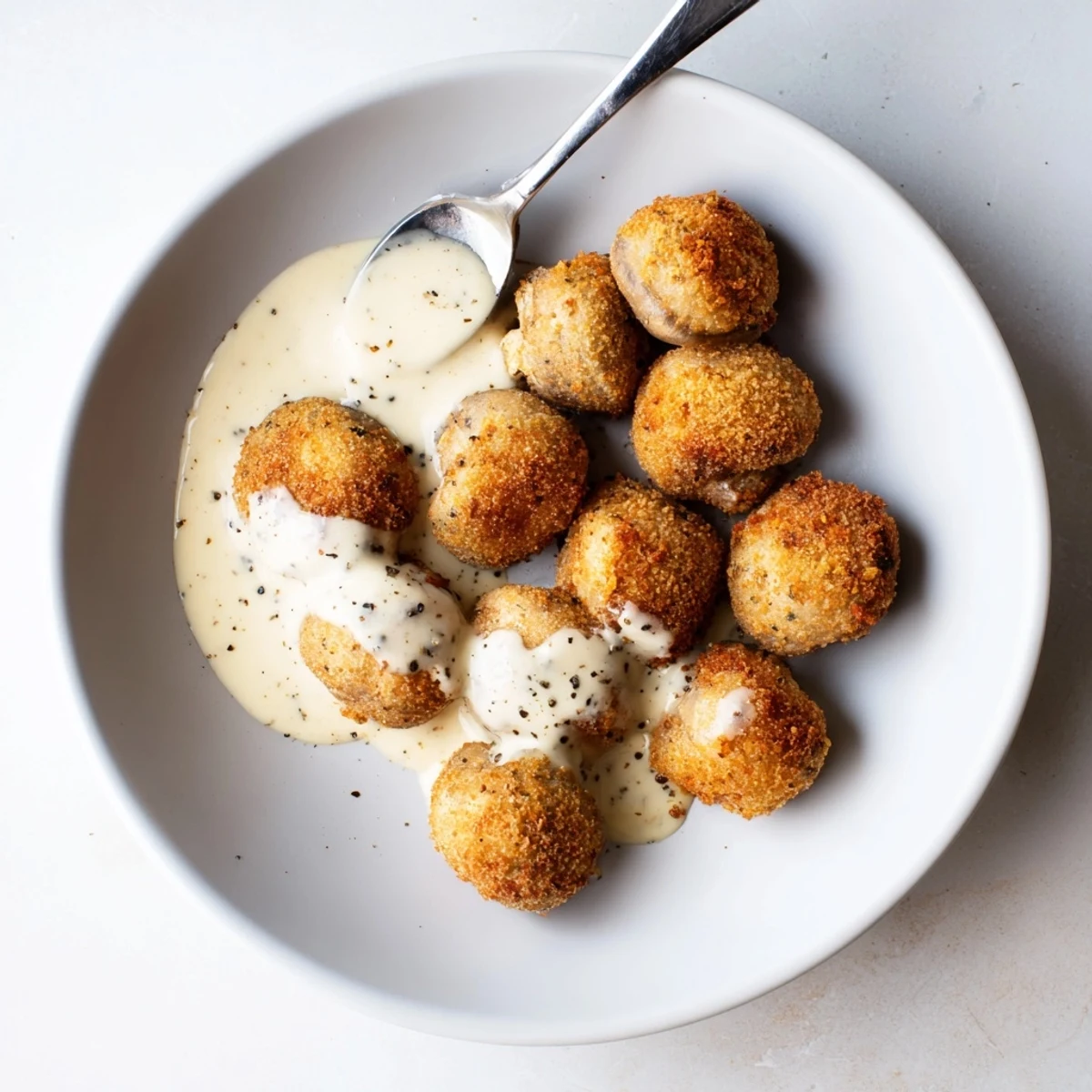 A rustic table setting features Chicken Fried Mushrooms with Gravy in a bowl, accompanied by fresh herbs and steam rising.