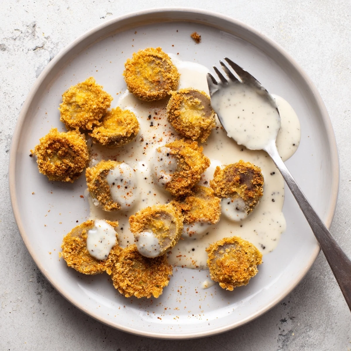 Close-up of a serving of Chicken Fried Mushrooms with Gravy beside mashed potatoes, showcasing golden texture and rich sauce.
