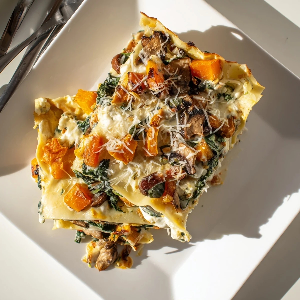 Golden-brown Butternut Squash, Spinach & Mushroom Lasagna with bubbling mozzarella and fresh basil garnish on a rustic wooden table.