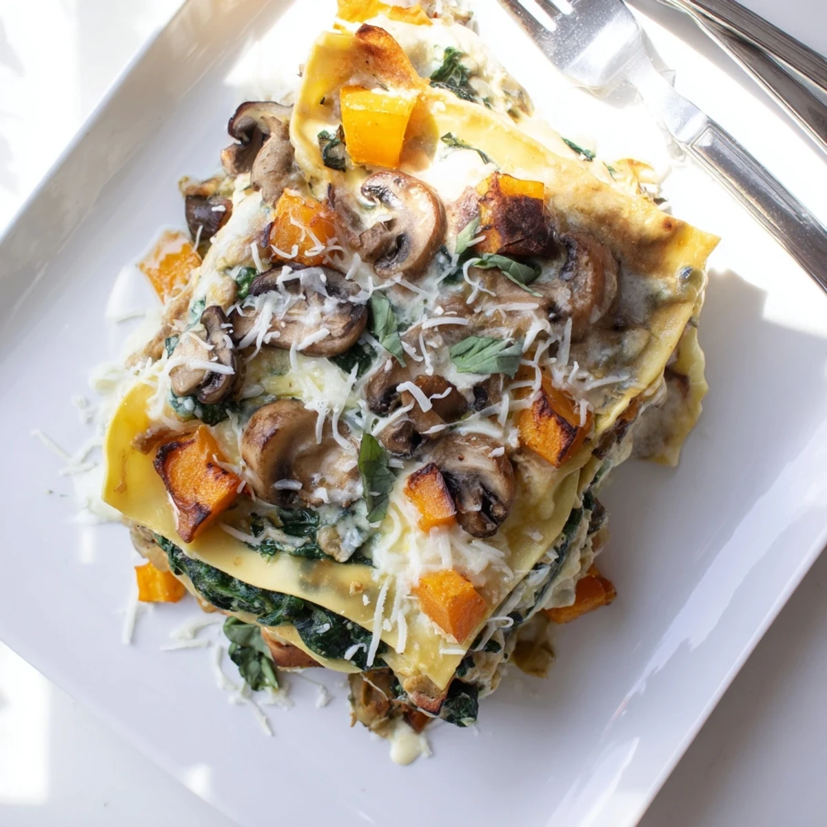 A close-up of a slice of Butternut Squash, Spinach & Mushroom Lasagna revealing creamy béchamel and layered vegetables.