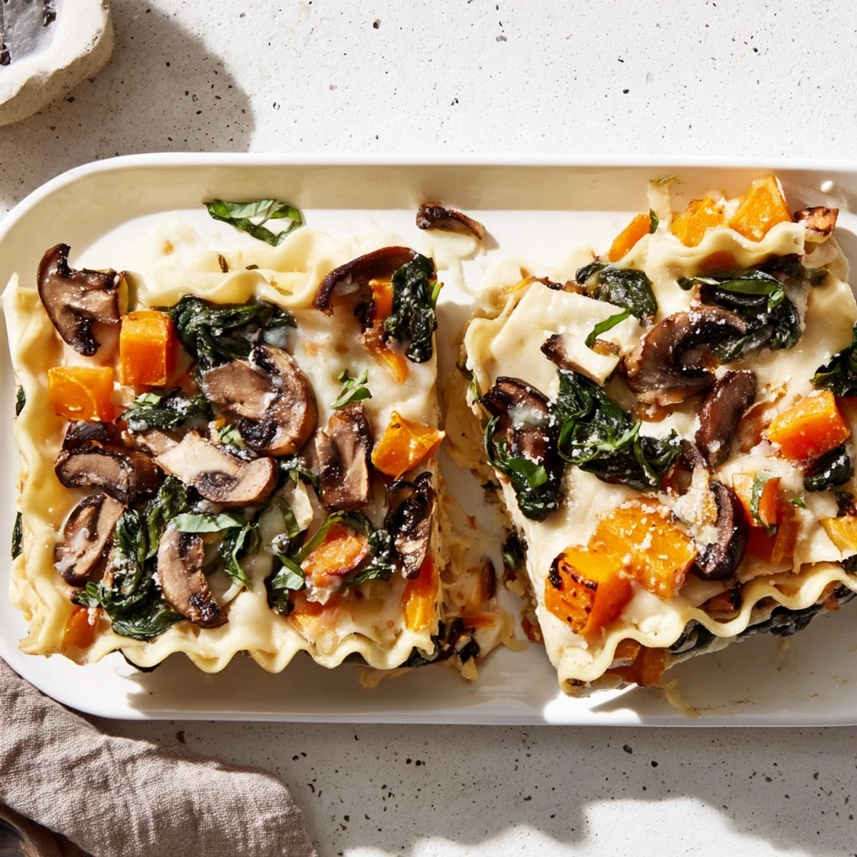Freshly baked Butternut Squash, Spinach & Mushroom Lasagna served on a white plate with a side salad for dinner.