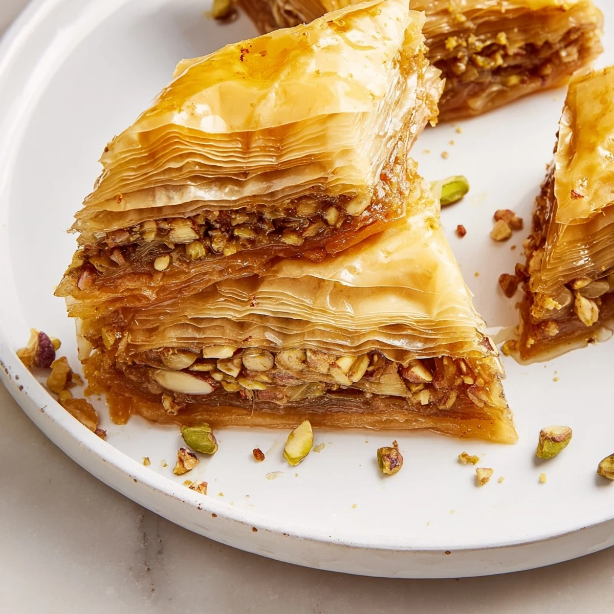 Golden layers of crisp phyllo pastry soaked in honey syrup, showcasing Greek Baklava topped with crushed walnuts and pistachios.