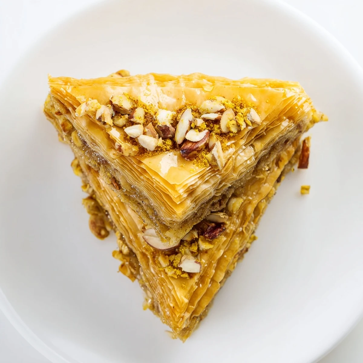 A close-up of Greek Baklava in a baking dish, revealing buttery layers and a sweet syrup glaze for dessert lovers.