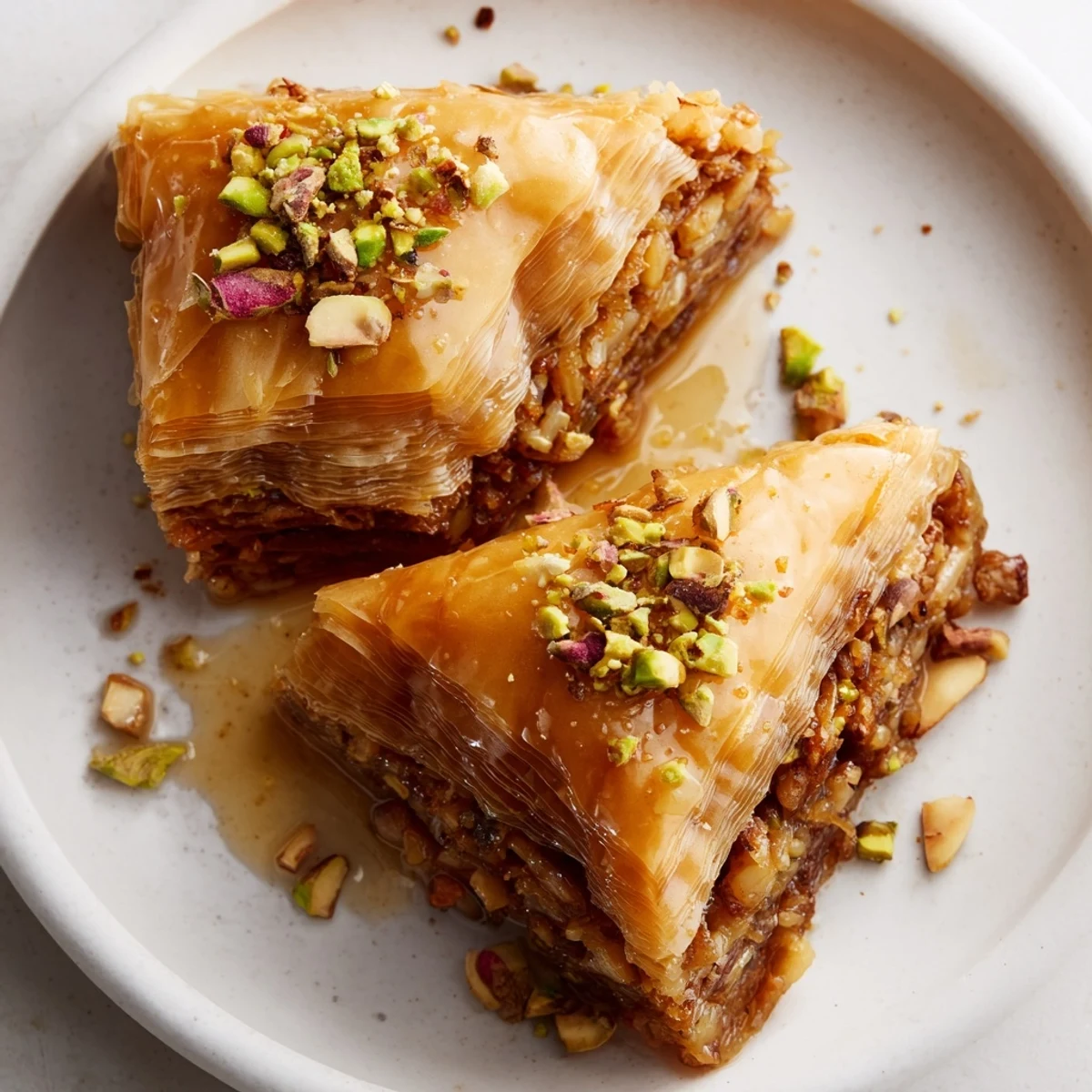 A sliced piece of Greek Baklava on a plate, dusted with powdered sugar and served alongside a hot cup of Greek coffee.