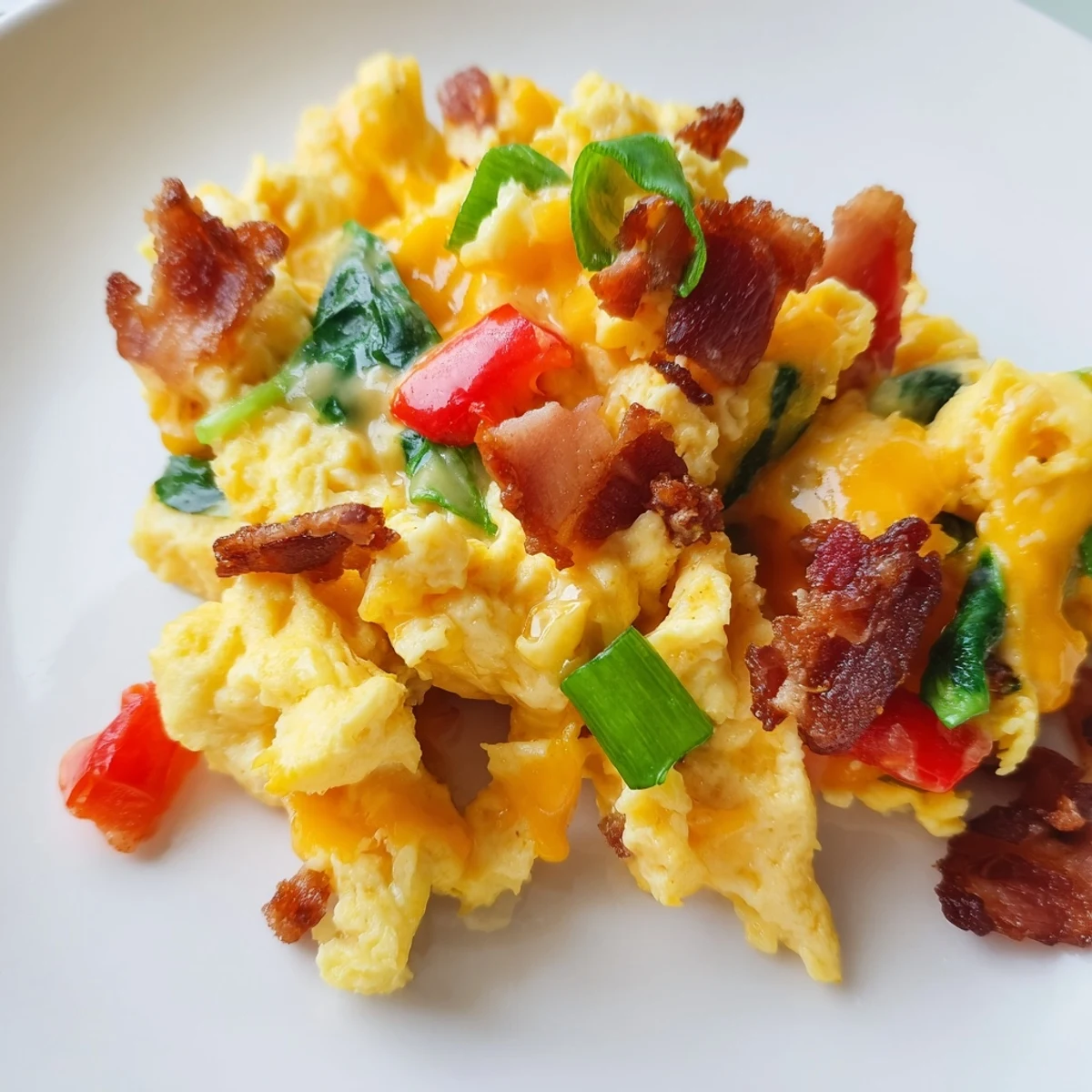Golden loaded scrambled eggs topped with melted cheddar, crumbled crispy bacon, and fresh green onions on a white plate.