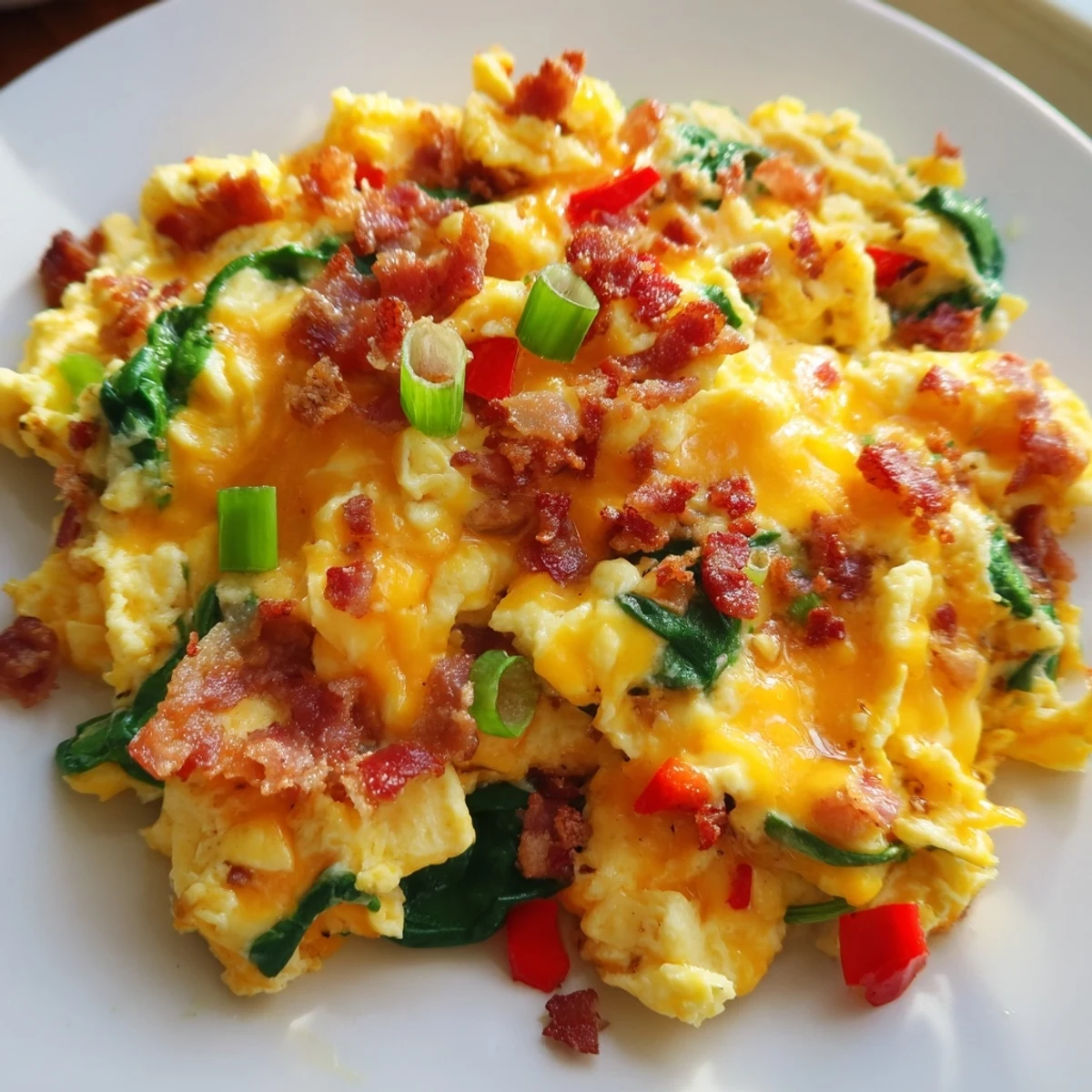 A hearty skillet of loaded scrambled eggs featuring sautéed bell peppers and wilted spinach, ready for a family brunch.
