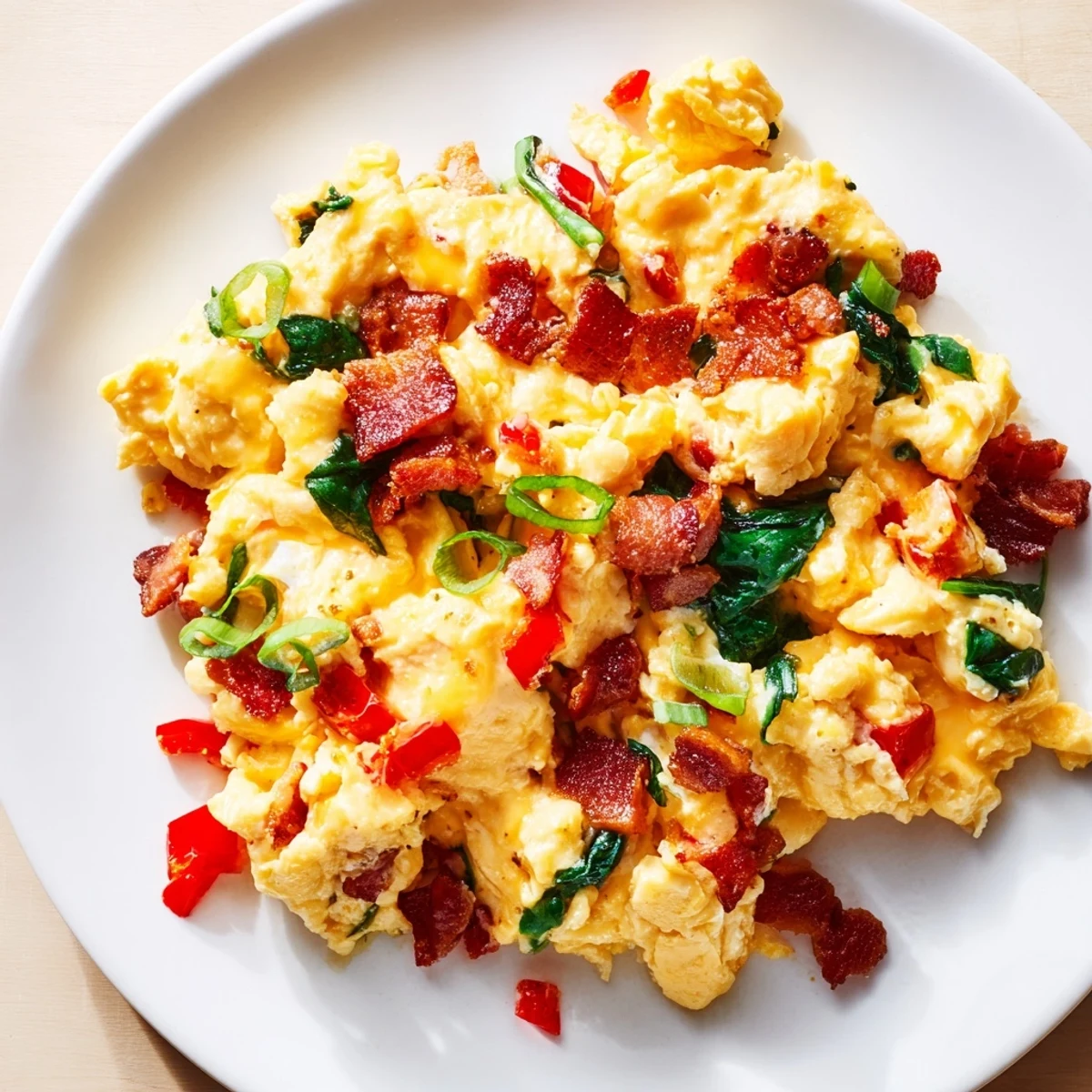 Fluffy American-style loaded scrambled eggs served with crispy bacon bits and melted cheese, perfect with toast and coffee.