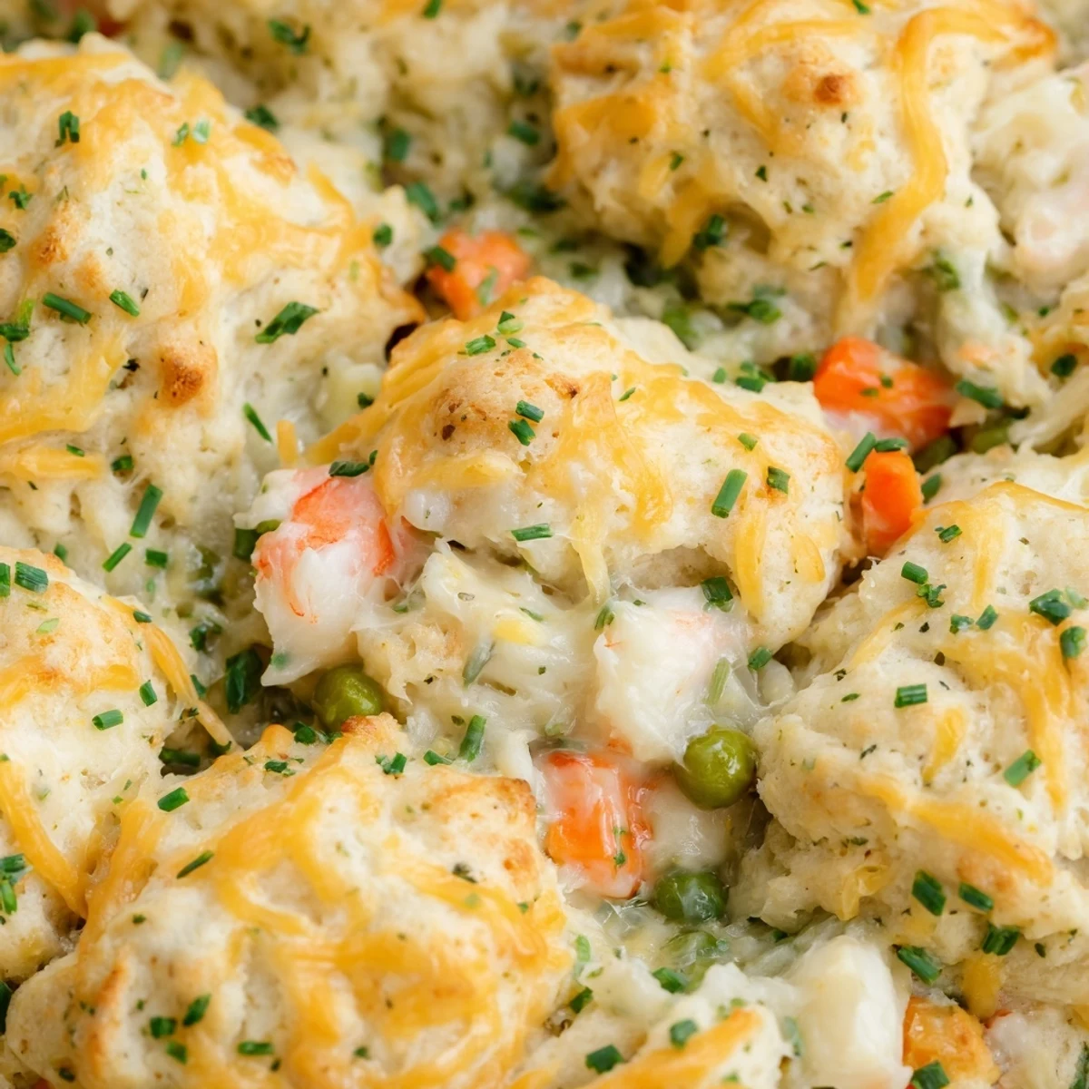 A steaming Seafood Pot Pie with Cheddar Bay Biscuit Topping reveals a creamy filling of shrimp and crab, baked to golden perfection.