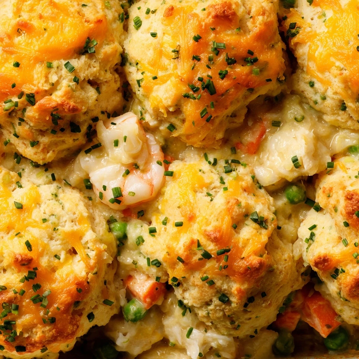 This Seafood Pot Pie with Cheddar Bay Biscuit Topping is served in a skillet with melted butter glaze, ready for dinner.