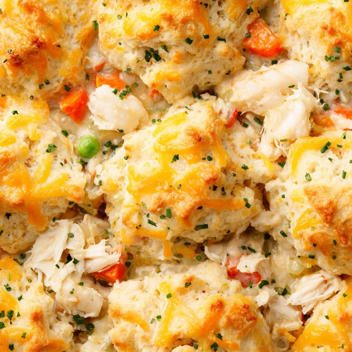 A slice of Seafood Pot Pie with Cheddar Bay Biscuit Topping shows flaky biscuits over a rich seafood and vegetable medley.