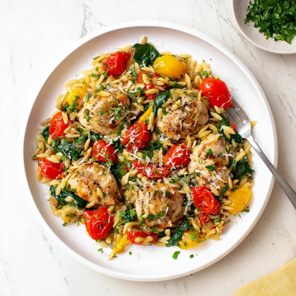 Freshly chopped parsley garnishes this one-pan High Protein Chicken Orzo, featuring juicy tomatoes and a creamy, herbed sauce.