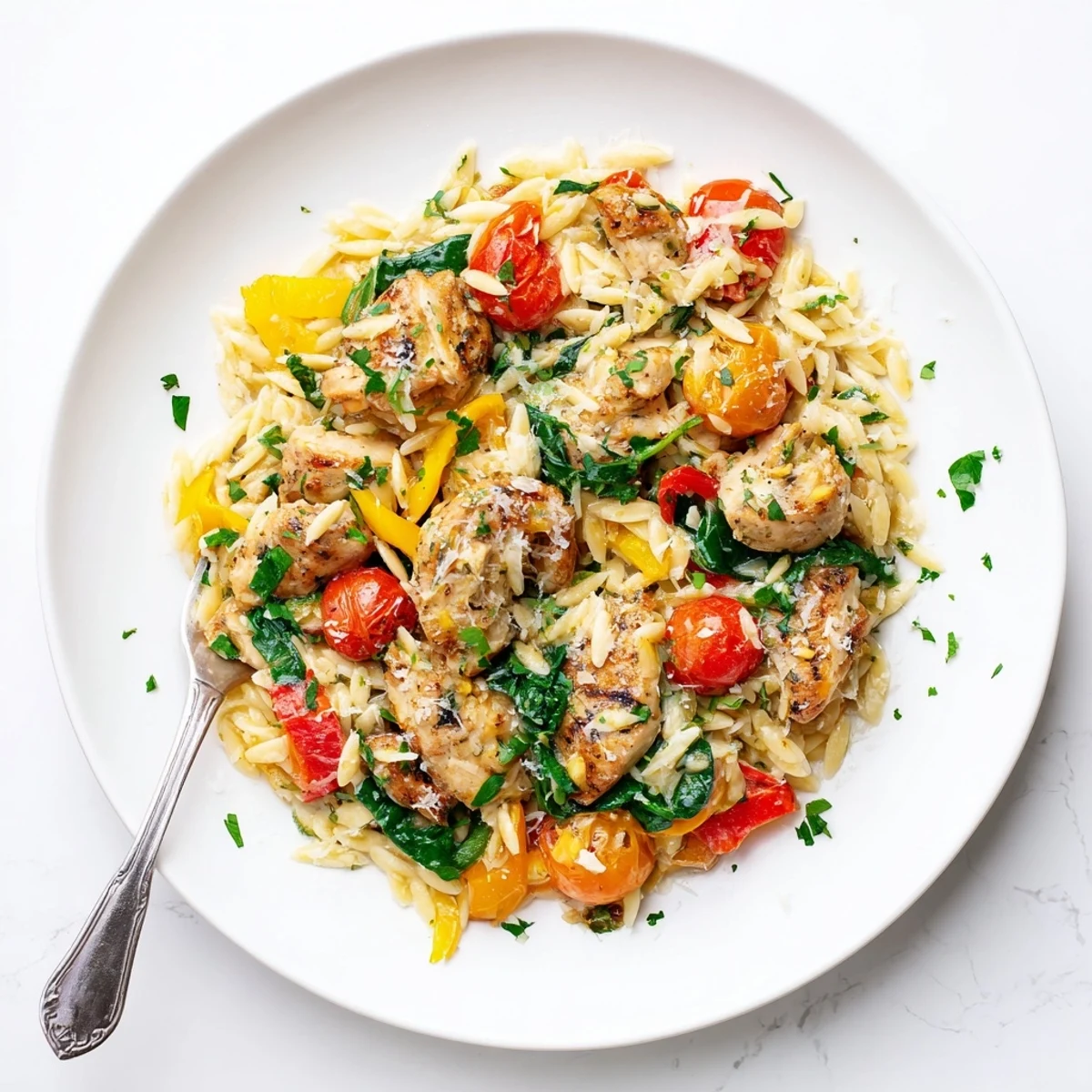 Golden-brown chicken pieces and vibrant red bell peppers simmer in a skillet with orzo and fresh spinach, topped with grated Parmesan.