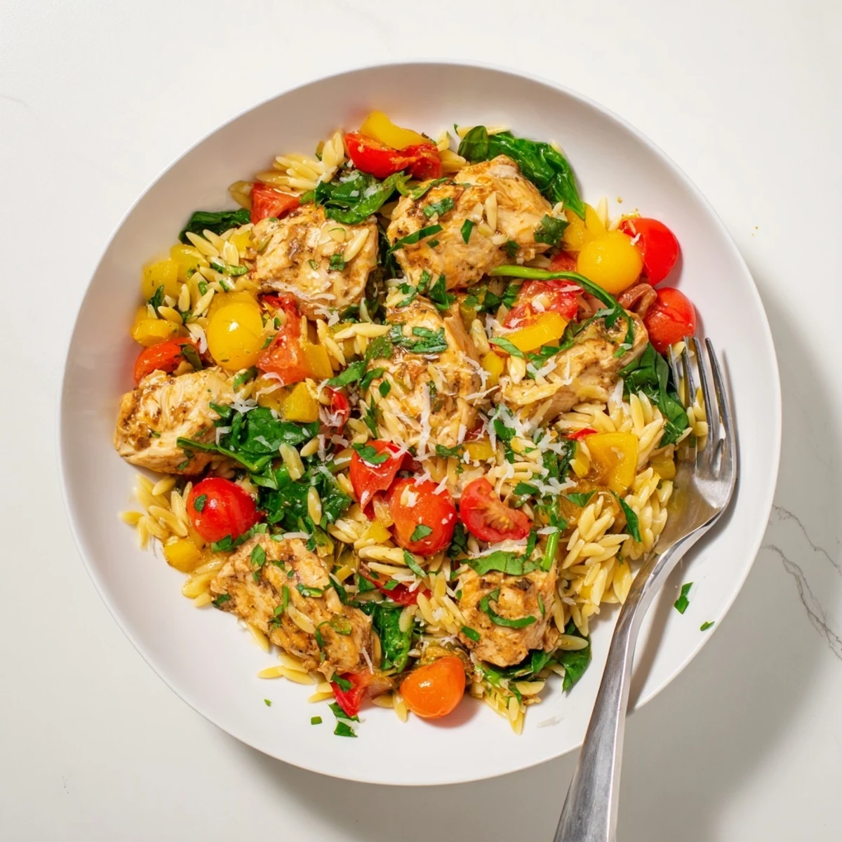 A close-up view of the completed High Protein Chicken Orzo dish, served hot with a lemon wedge and fresh herbs.