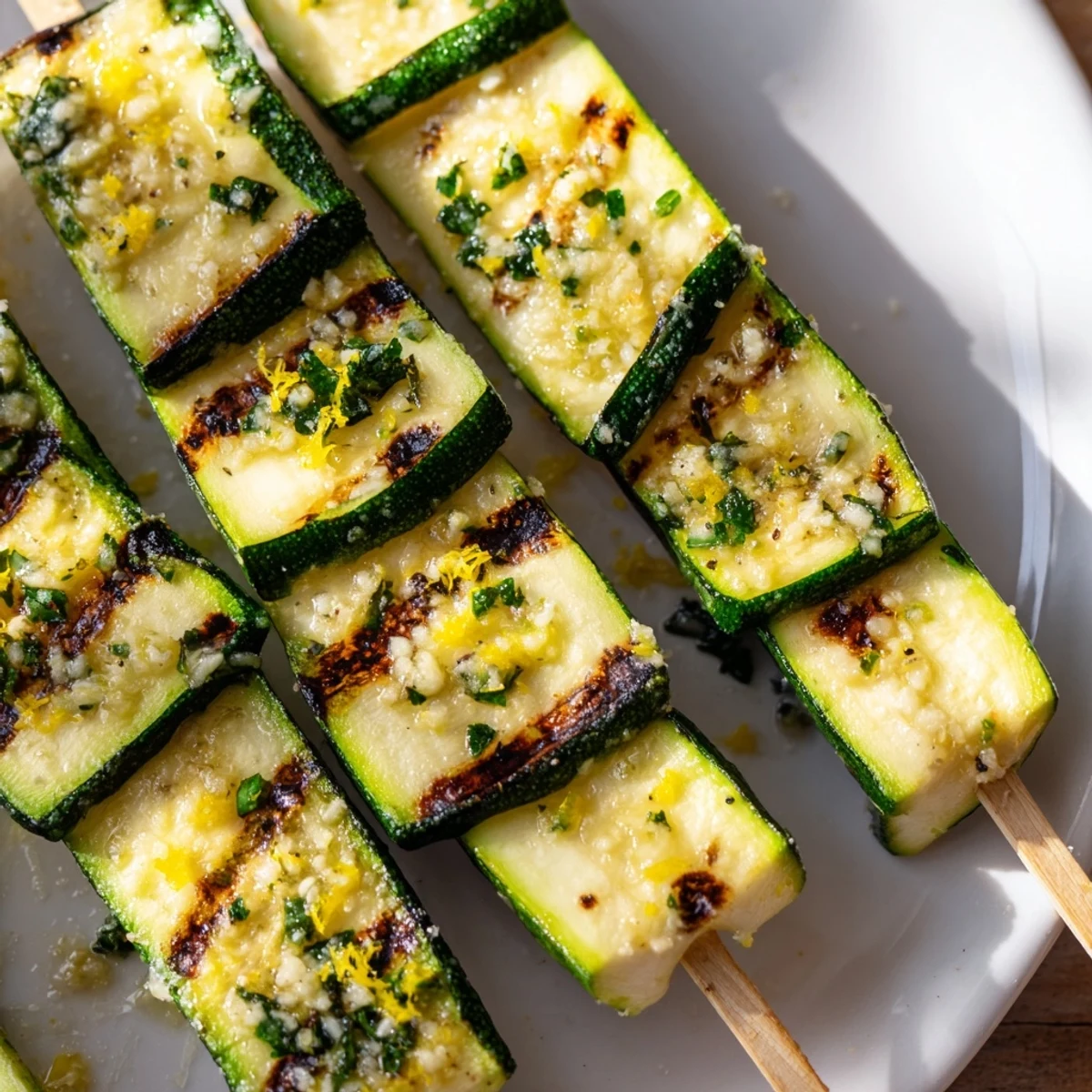 These vegetarian zucchini skewers are brushed with fragrant garlic butter and perfect with lemon wedges for a Mediterranean bite.