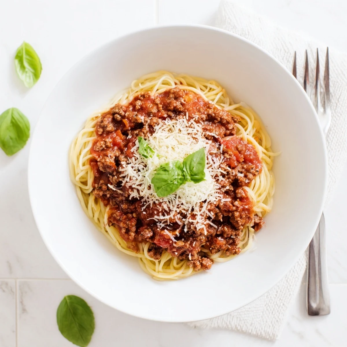 A rustic close-up of The Bear Spaghetti in a white bowl, steam rising from rich tomato sauce and fresh basil garnish.
