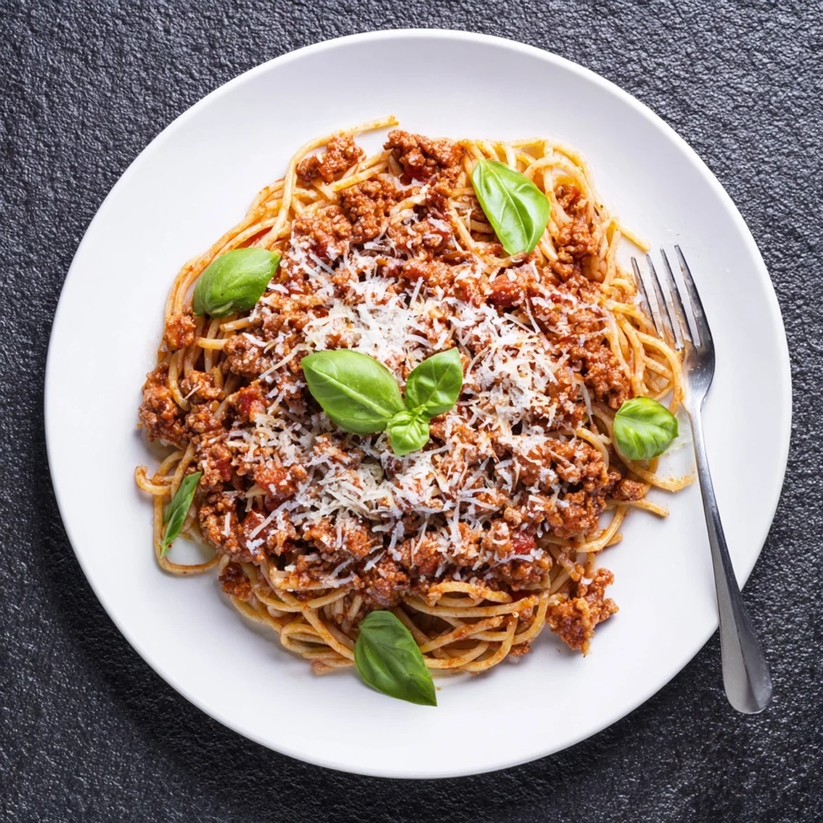 Side view of The Bear Spaghetti plated with a generous sprinkle of Parmesan and a glass of red wine on a wooden table.