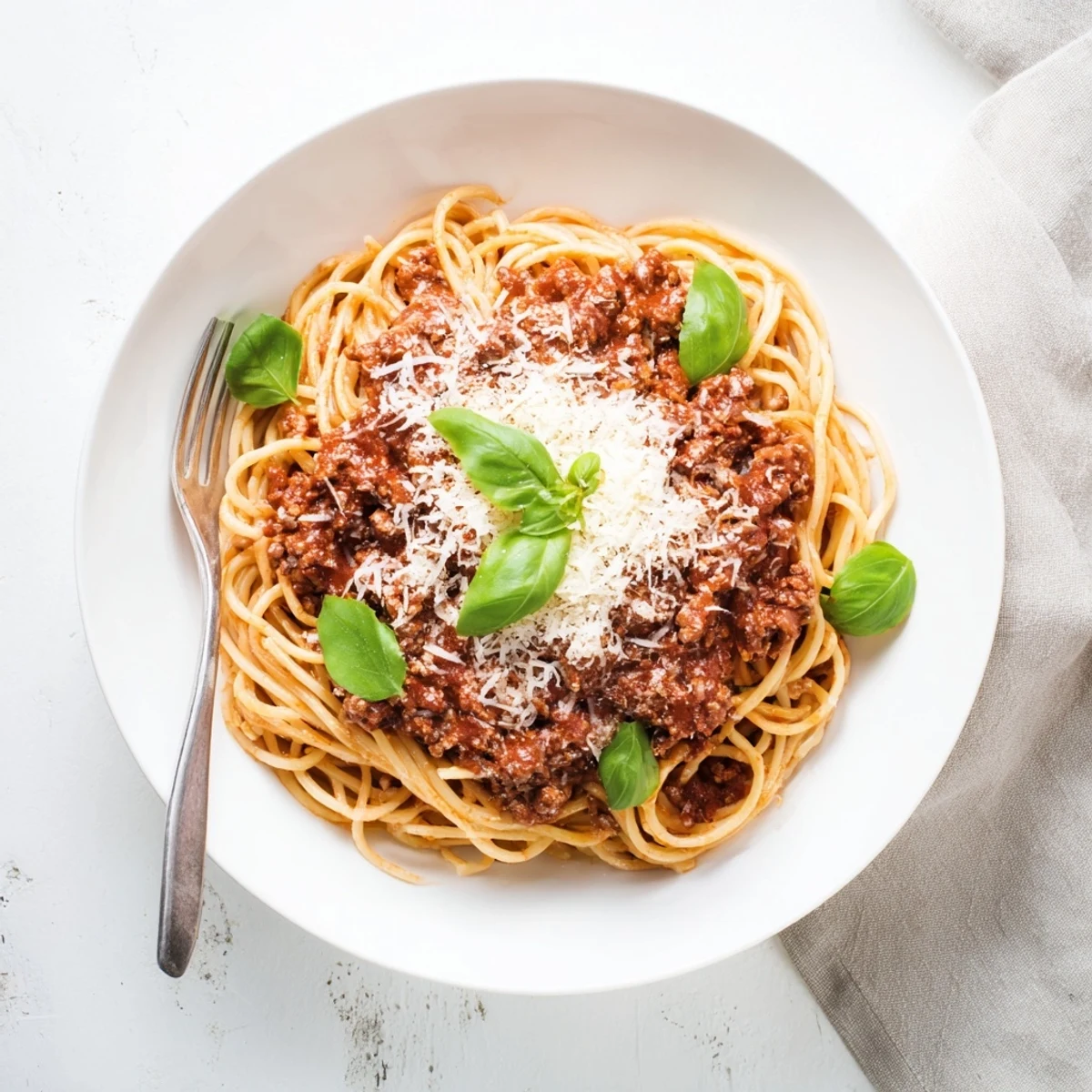 A generous forkful of The Bear Spaghetti lifted from a skillet, showing al dente pasta coated in thick, herb-flecked meat sauce.