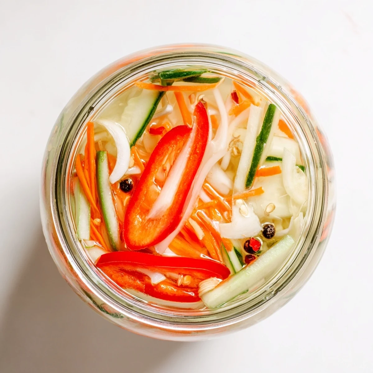 Vietnamese Vegetable Pickle Medley with crunchy cucumber, red bell pepper, and chilies layered in a glass jar on a wooden board.