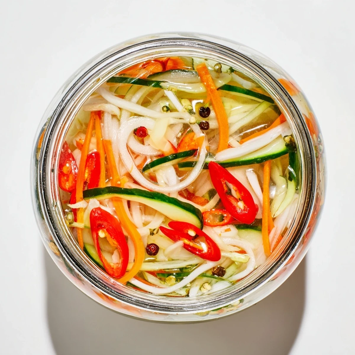 A bright jar of Vietnamese Vegetable Pickle Medley featuring crisp daikon and carrots in a clear, sweet-tangy brine.