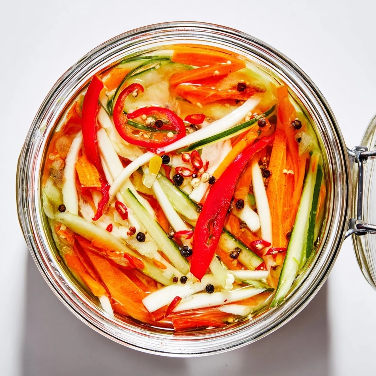Colorful Vietnamese Vegetable Pickle Medley served alongside grilled pork, garnished with fresh herbs and chopsticks on a rustic table.