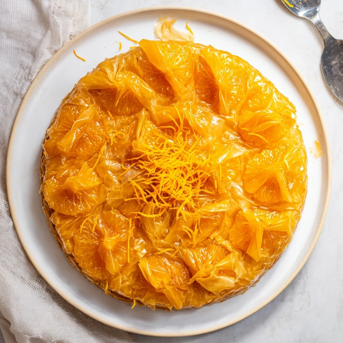 A close-up of golden-baked Portokalopita slices glistening with syrup, showing crispy phyllo layers and a dusting of orange zest.