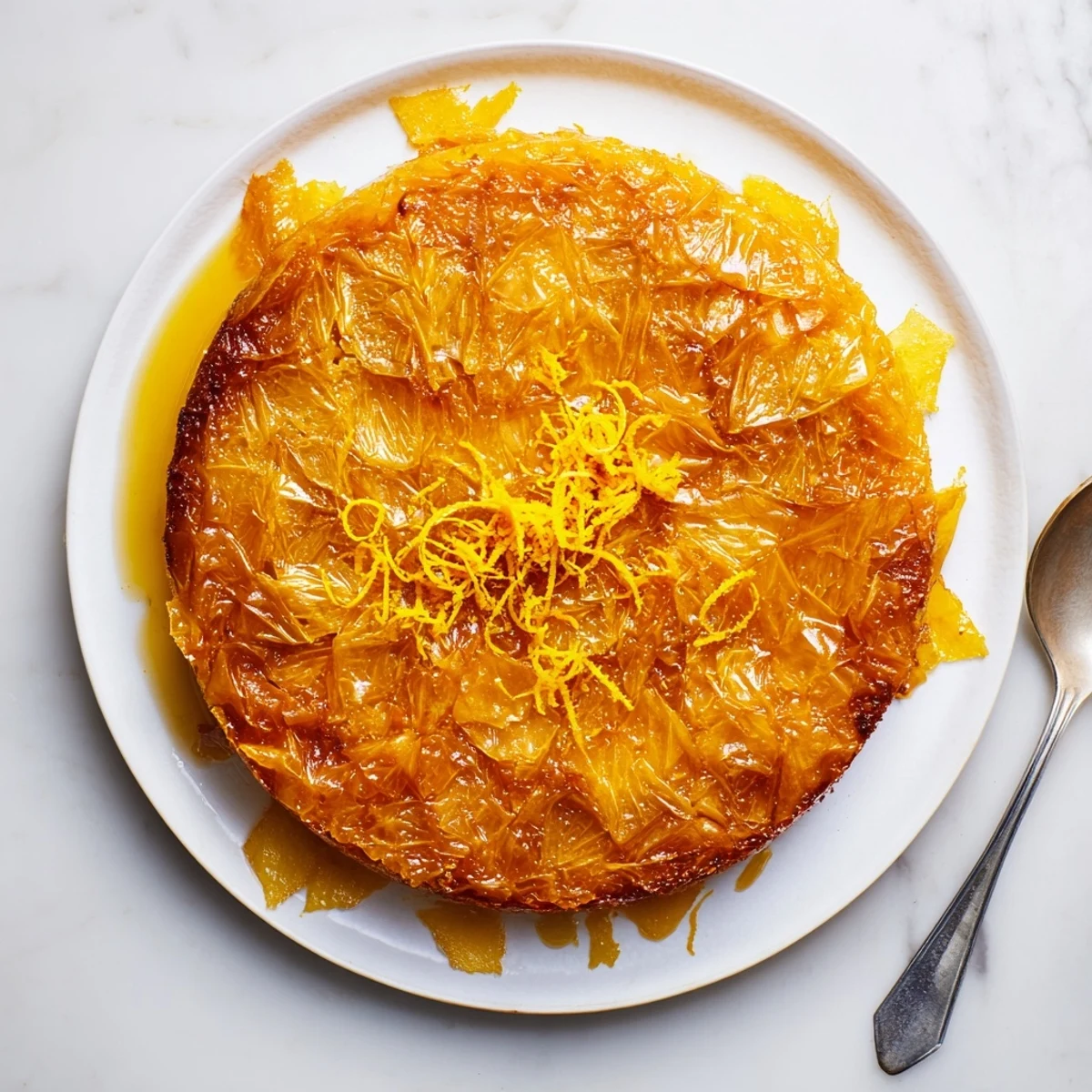 A single serving of Portokalopita dessert on a white plate, revealing the moist yogurt cake texture and a cinnamon stick garnish.