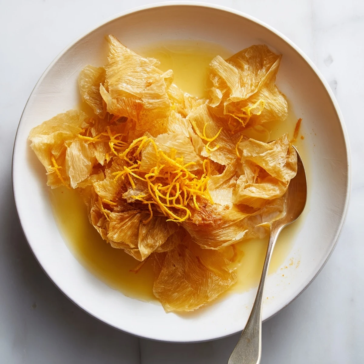 A whole Portokalopita Greek orange cake on a marble counter, next to a bowl of fresh oranges and a dollop of whipped cream.