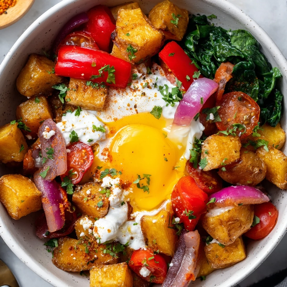 Golden crispy potatoes and sautéed vegetables topped with a runny yolk egg in this Savory Breakfast Bowl.